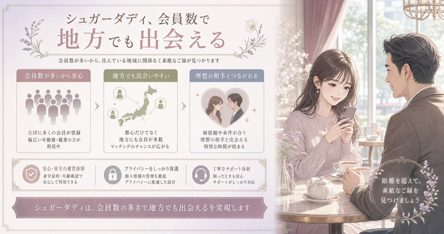 第1位:シュガーダディ、会員数No.1で地方でも出会える
