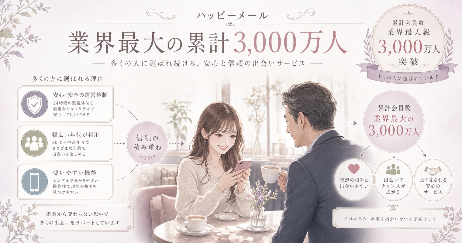 第10位:ハッピーメール、業界最大の累計3,000万人