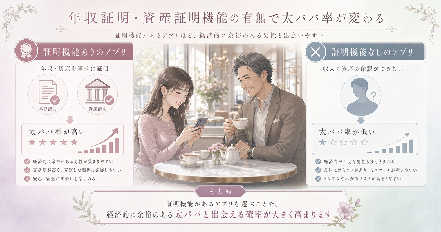 年収証明・資産証明機能の有無で太パパ率が変わる