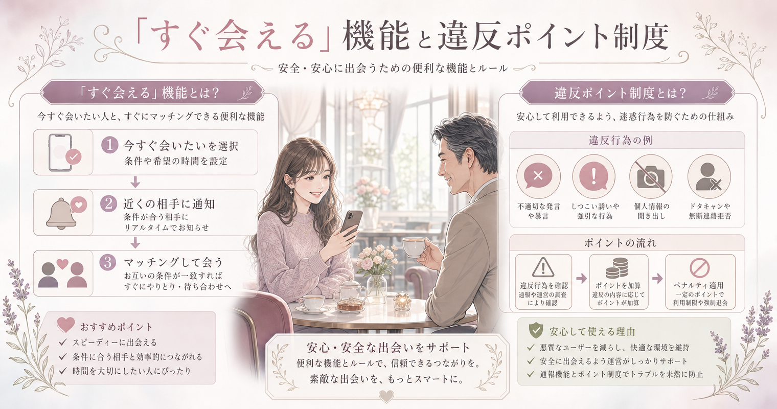 「すぐ会える」機能と違反ポイント制度